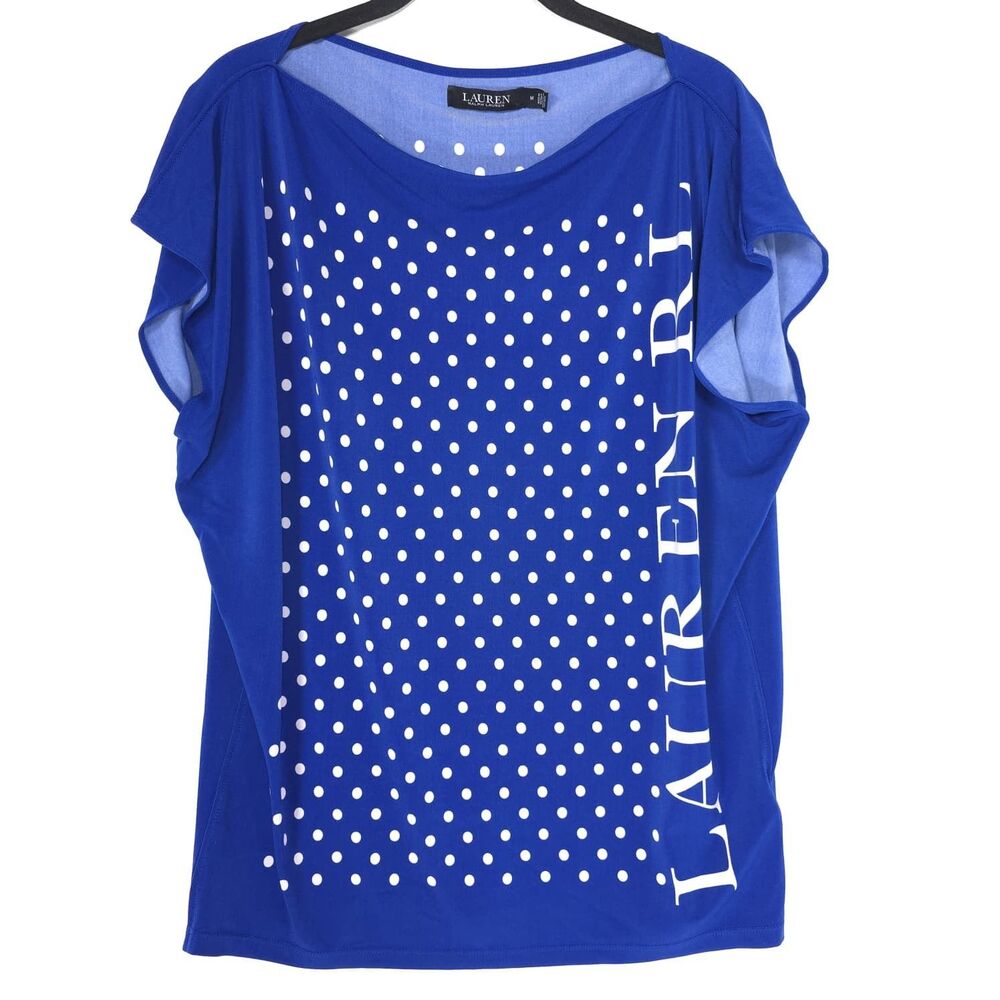 LAUREN RALPH LAUREN Women's Blue Polka Dot MEDIUM Logo Top Short Sleeve Relaxed
